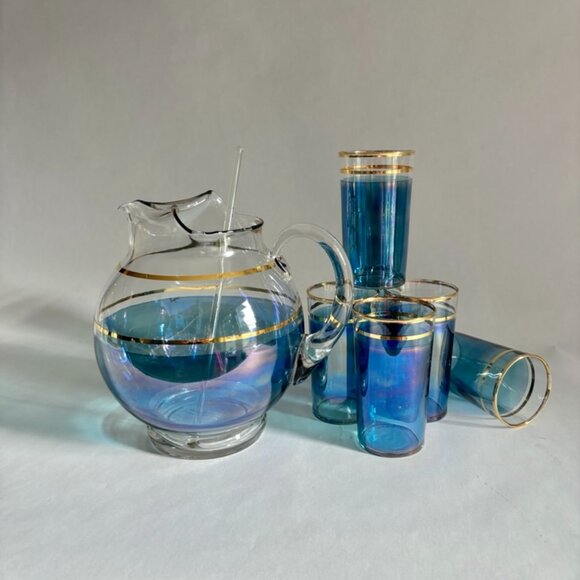 Vintage Iridescent Macbeth Evans Corning Upright Ball Pitcher & Glasses Set - Picture 6 of 14